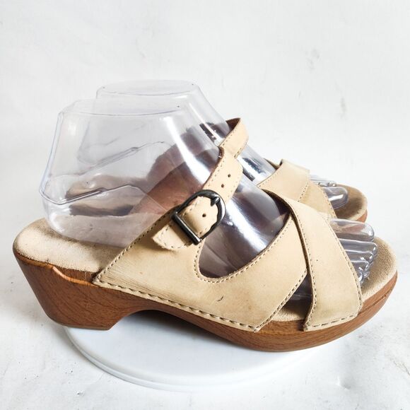 Dansko Sandals Womens Size 38 8M Beige Cream Leather Wedge Sela Open Toe Clogs - Picture 1 of 10